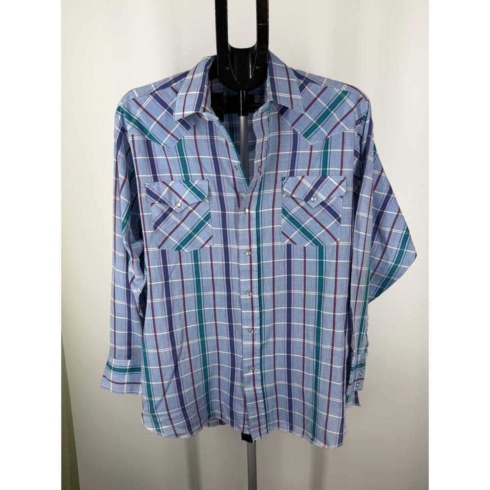 Panhandle Slim Mens Vintage Blue Plaid Western Pearl Snap Shirt 16.5-34 L
